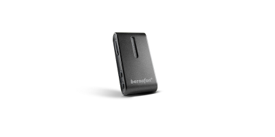 The Bernafon SoundClip-A is a compact, rectangular black device with rounded edges and the brand name 